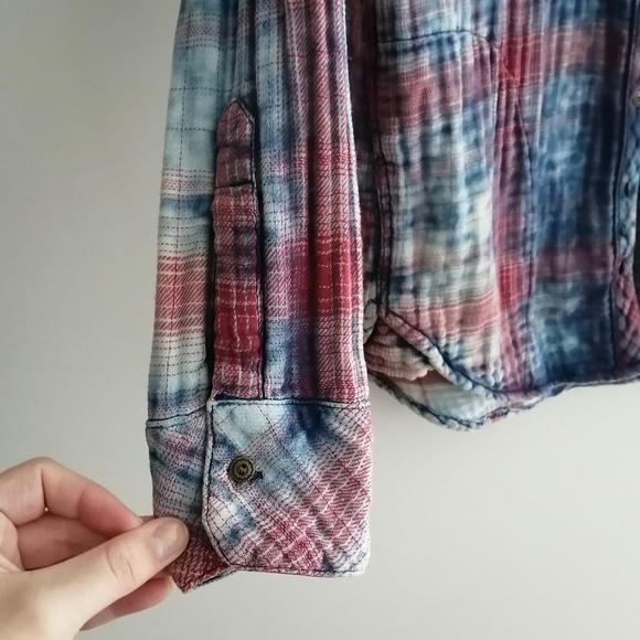 Free People Double Dip Dye Plaid Button Up Gauzy Cotton XS - Picture 9 of 16